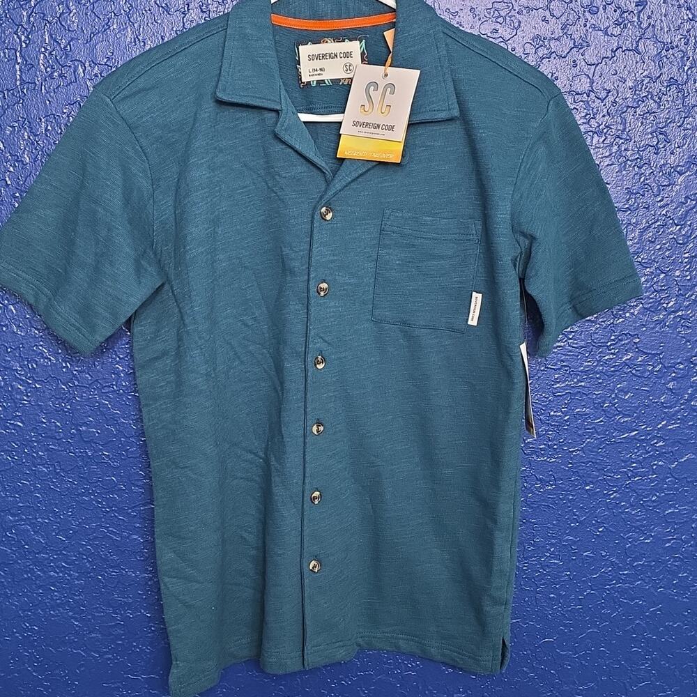 Sovereign Code Boys Button-Up Shirt Size L (14-16) Short Sleeve Collared Blue